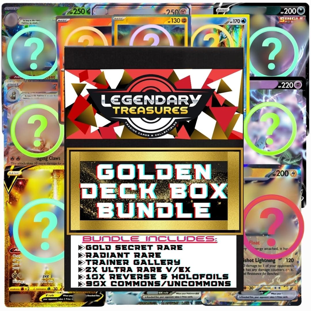 Legendary Treasures Limited Edition Golden Deck Box Bundle | 100+ Assorted Pokemon Cards | Guaranteed Gold Secret Rare + 2 Ultra Rares | 10 Holo Foils | 1 Trainer Gallery Card | 1 Radiant Rare